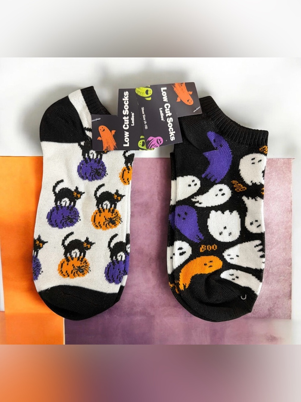 Low Cut Halloween Ghost & Pumpkin Socks - Black, White, Purple, Orange 2 Pair